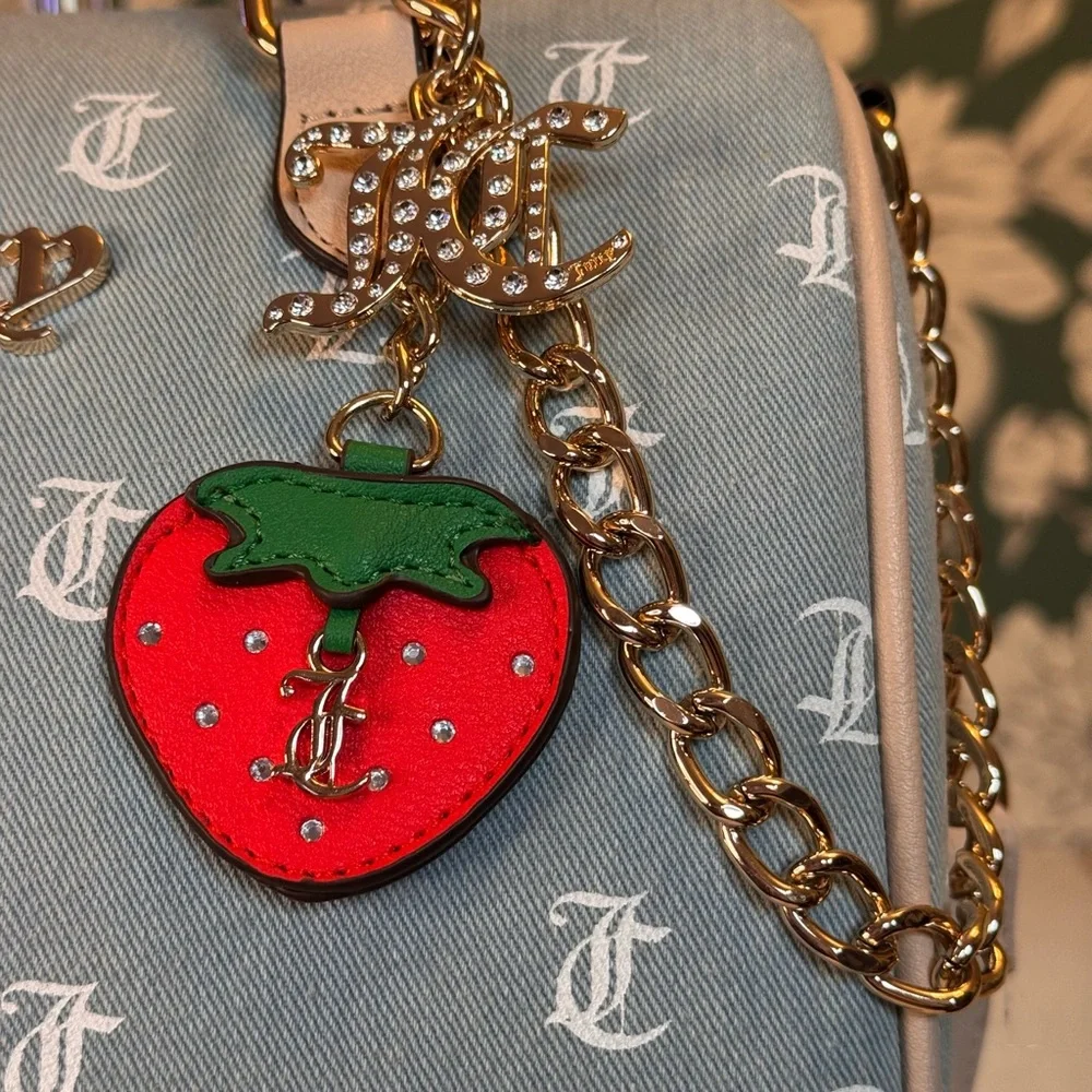 Juicy Couture Gray and Cream Satchel with Strawberry Charm and Gold Chain NWT